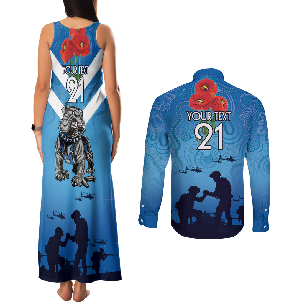 Custom Bulldogs Rugby ANZAC Couples Matching Tank Maxi Dress and Long Sleeve Button Shirt The Military Soldiers with Aboriginal Style