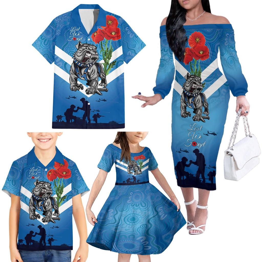 Custom Bulldogs Rugby ANZAC Family Matching Off Shoulder Long Sleeve Dress and Hawaiian Shirt The Military Soldiers with Aboriginal Style