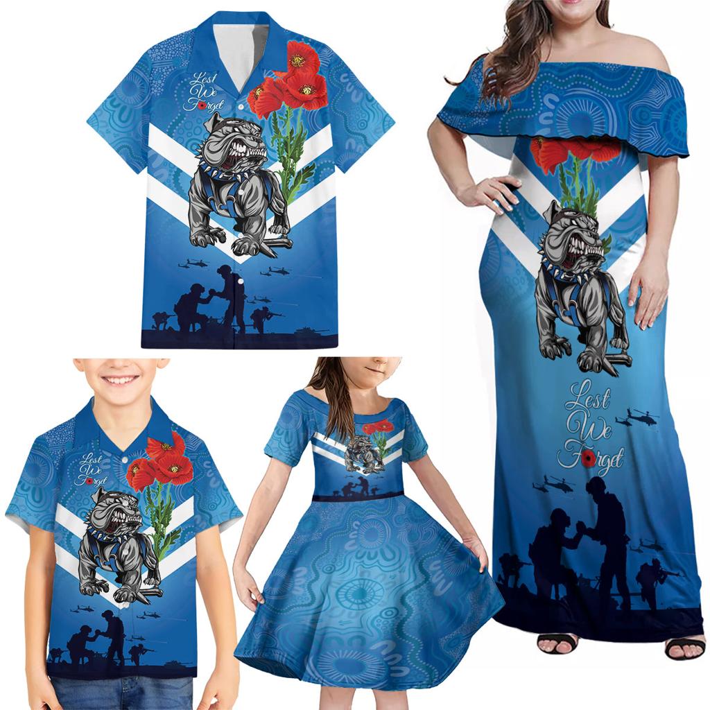 Custom Bulldogs Rugby ANZAC Family Matching Off Shoulder Maxi Dress and Hawaiian Shirt The Military Soldiers with Aboriginal Style