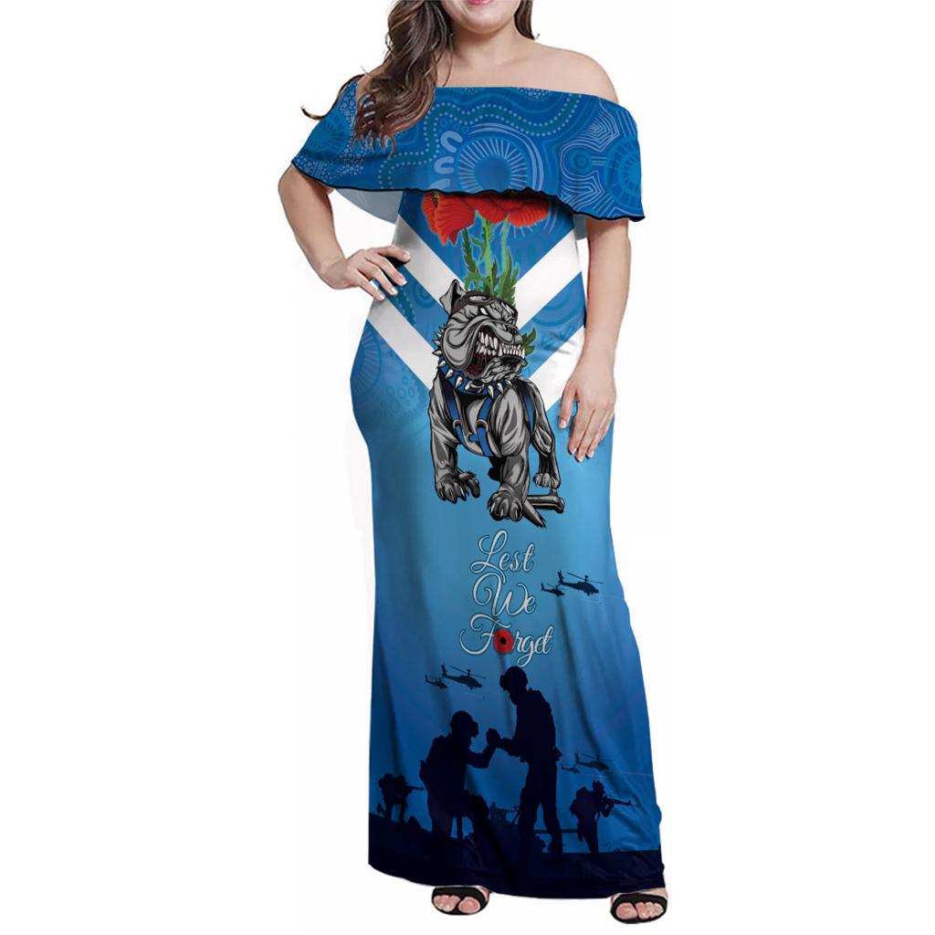 Custom Bulldogs Rugby ANZAC Family Matching Off Shoulder Maxi Dress and Hawaiian Shirt The Military Soldiers with Aboriginal Style