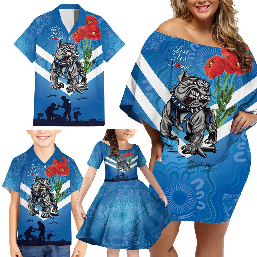 Custom Bulldogs Rugby ANZAC Family Matching Off Shoulder Short Dress and Hawaiian Shirt The Military Soldiers with Aboriginal Style