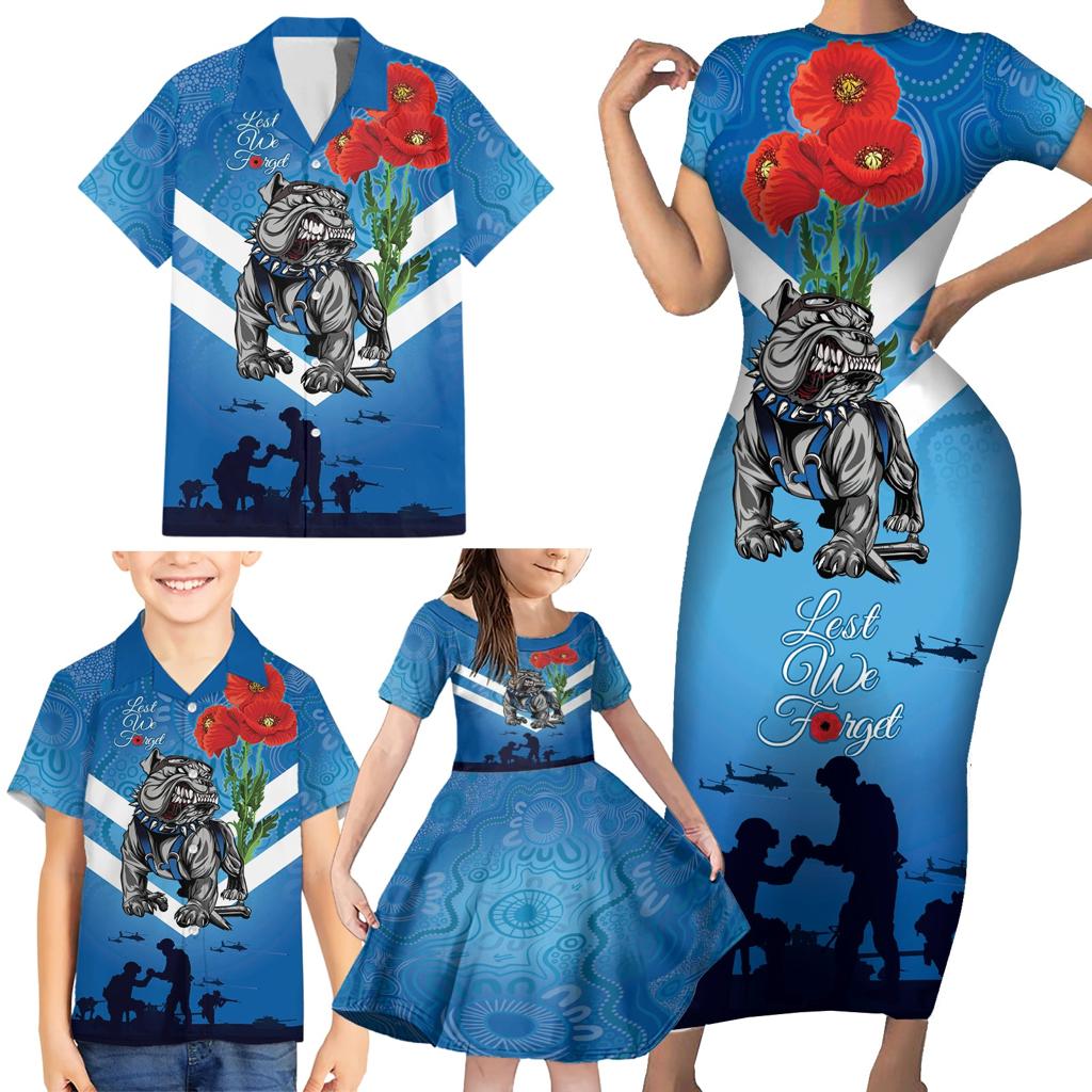 Custom Bulldogs Rugby ANZAC Family Matching Short Sleeve Bodycon Dress and Hawaiian Shirt The Military Soldiers with Aboriginal Style