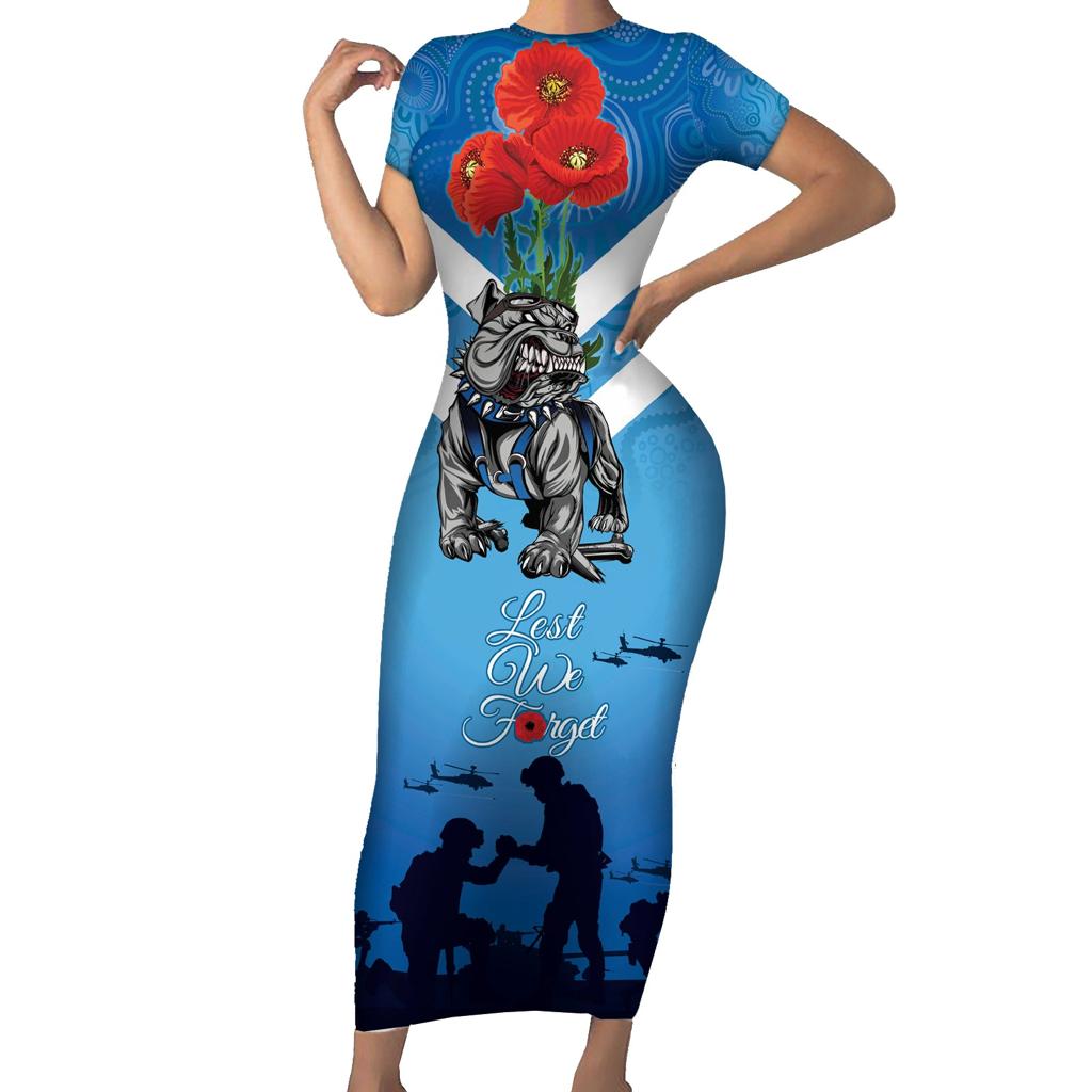 Custom Bulldogs Rugby ANZAC Family Matching Short Sleeve Bodycon Dress and Hawaiian Shirt The Military Soldiers with Aboriginal Style