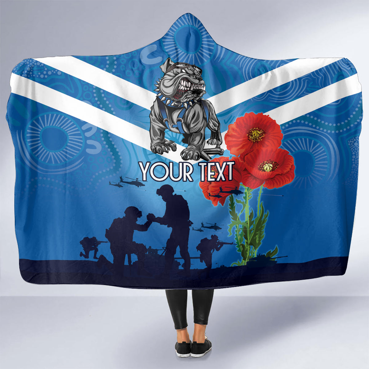 Custom Bulldogs Rugby ANZAC Hooded Blanket The Military Soldiers with Aboriginal Style