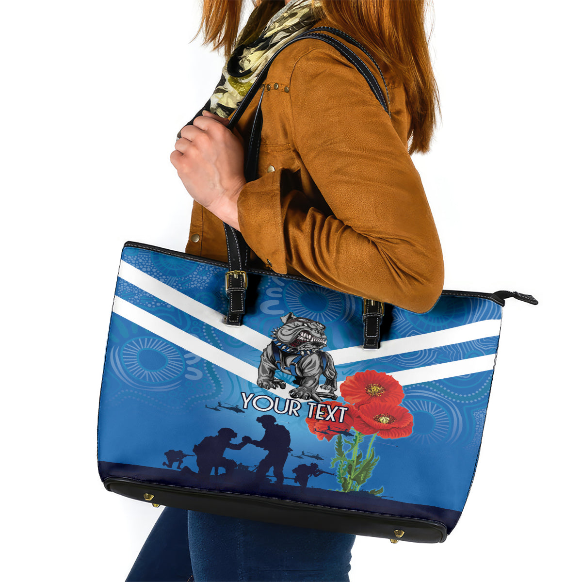 Custom Bulldogs Rugby ANZAC Leather Tote Bag The Military Soldiers with Aboriginal Style