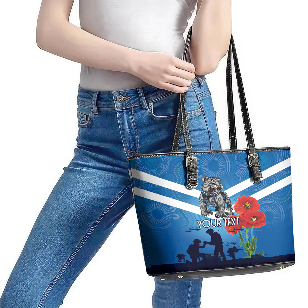 Custom Bulldogs Rugby ANZAC Leather Tote Bag The Military Soldiers with Aboriginal Style