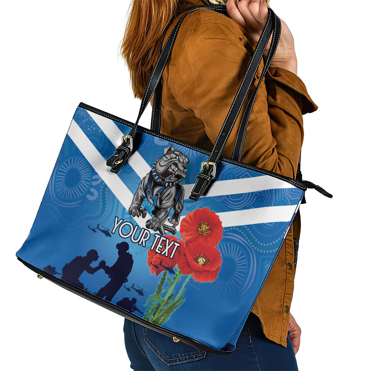 Custom Bulldogs Rugby ANZAC Leather Tote Bag The Military Soldiers with Aboriginal Style