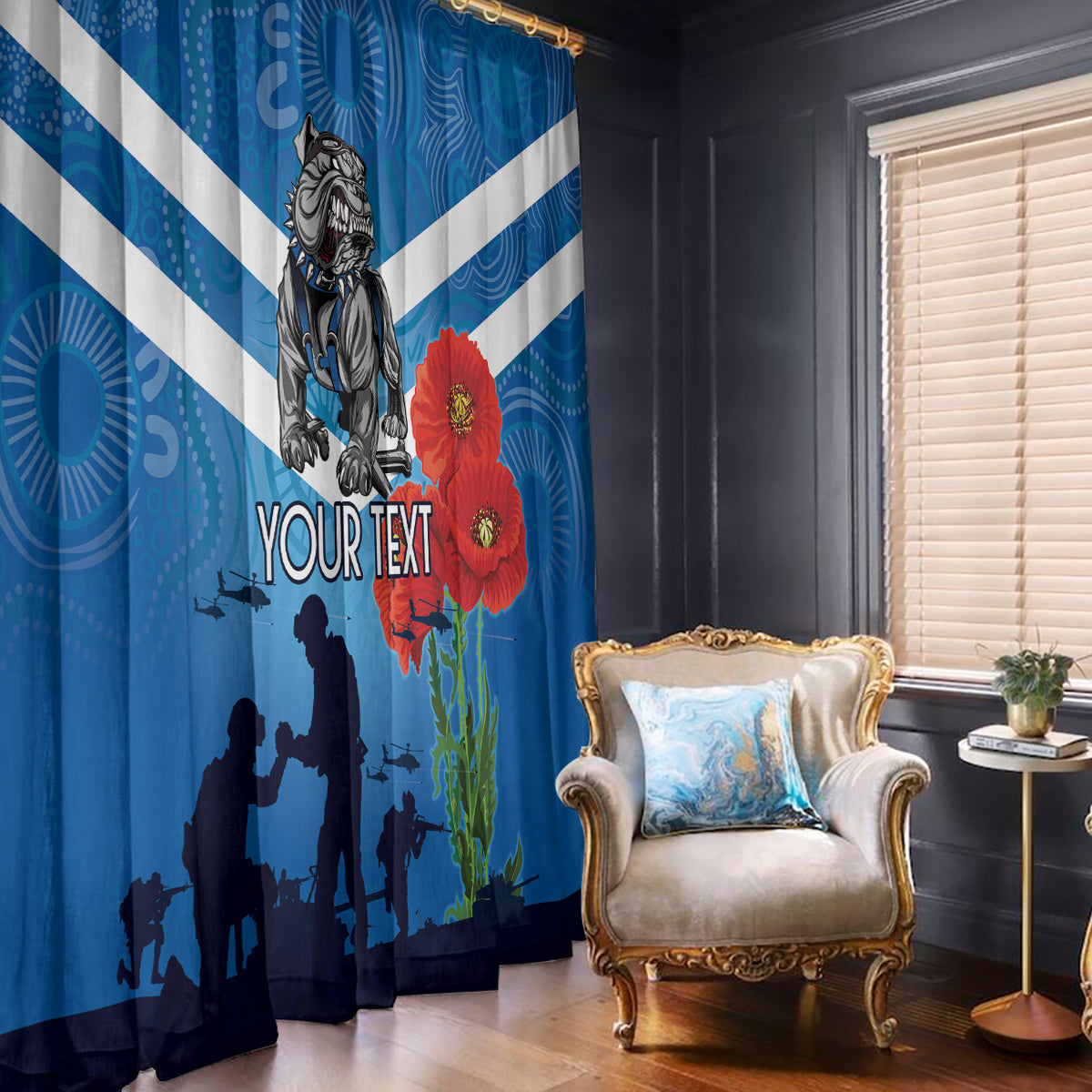 Custom Bulldogs Rugby ANZAC Window Curtain The Military Soldiers with Aboriginal Style