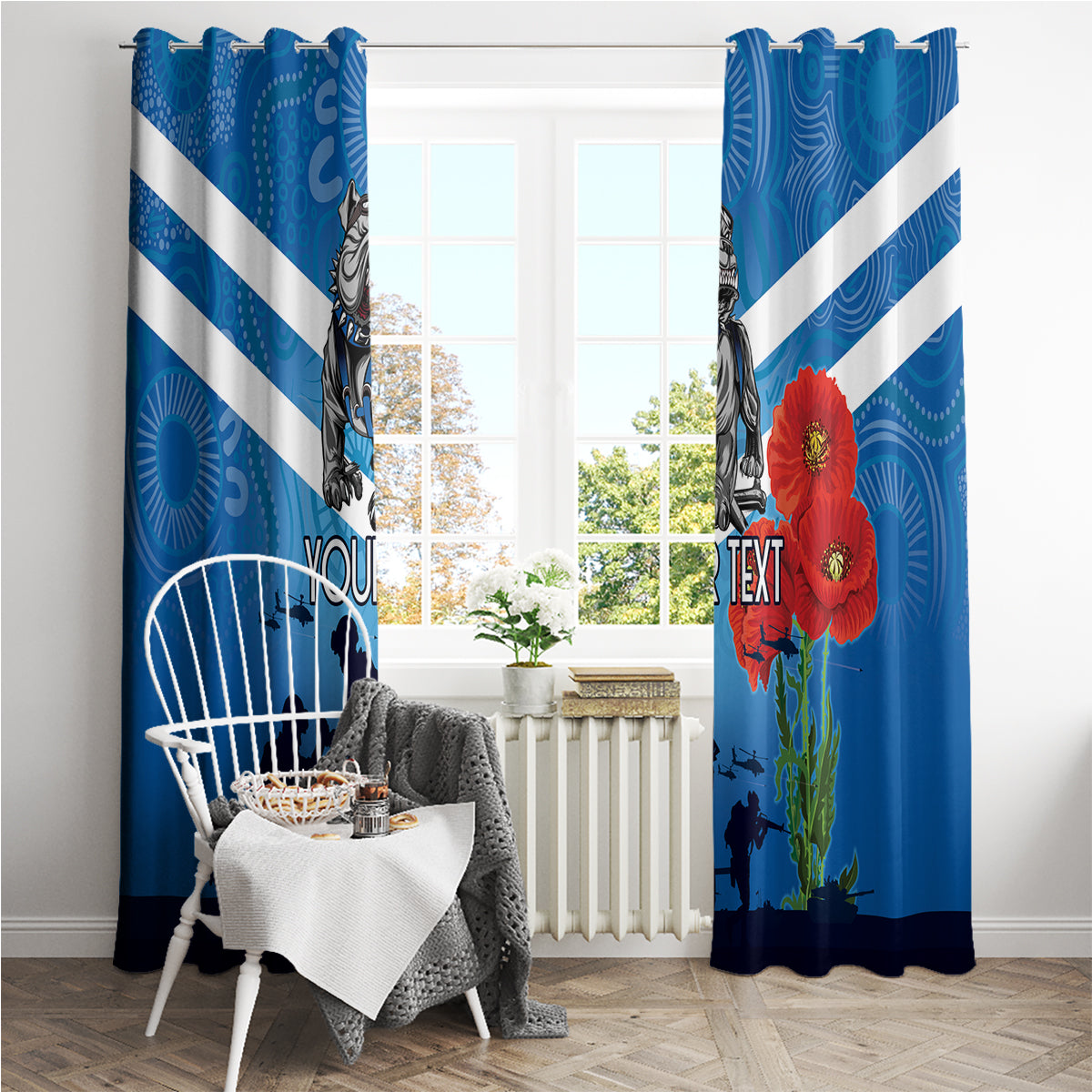 Custom Bulldogs Rugby ANZAC Window Curtain The Military Soldiers with Aboriginal Style