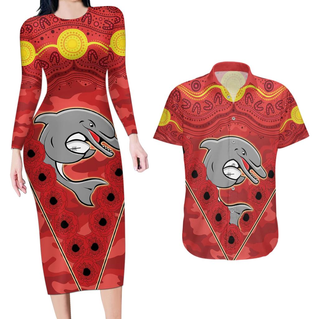 Custom Dolphins Rugby ANZAC Couples Matching Long Sleeve Bodycon Dress and Hawaiian Shirt Aboriginal and Army Patterns