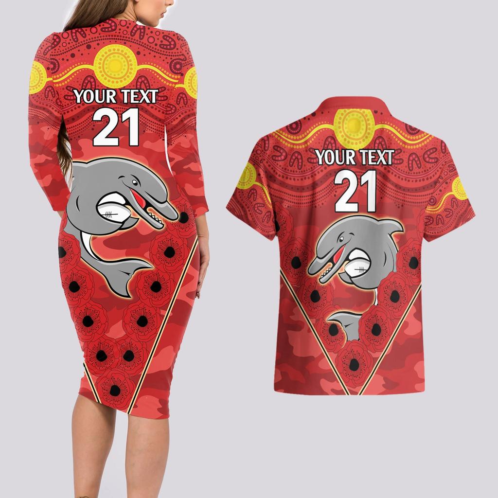 Custom Dolphins Rugby ANZAC Couples Matching Long Sleeve Bodycon Dress and Hawaiian Shirt Aboriginal and Army Patterns