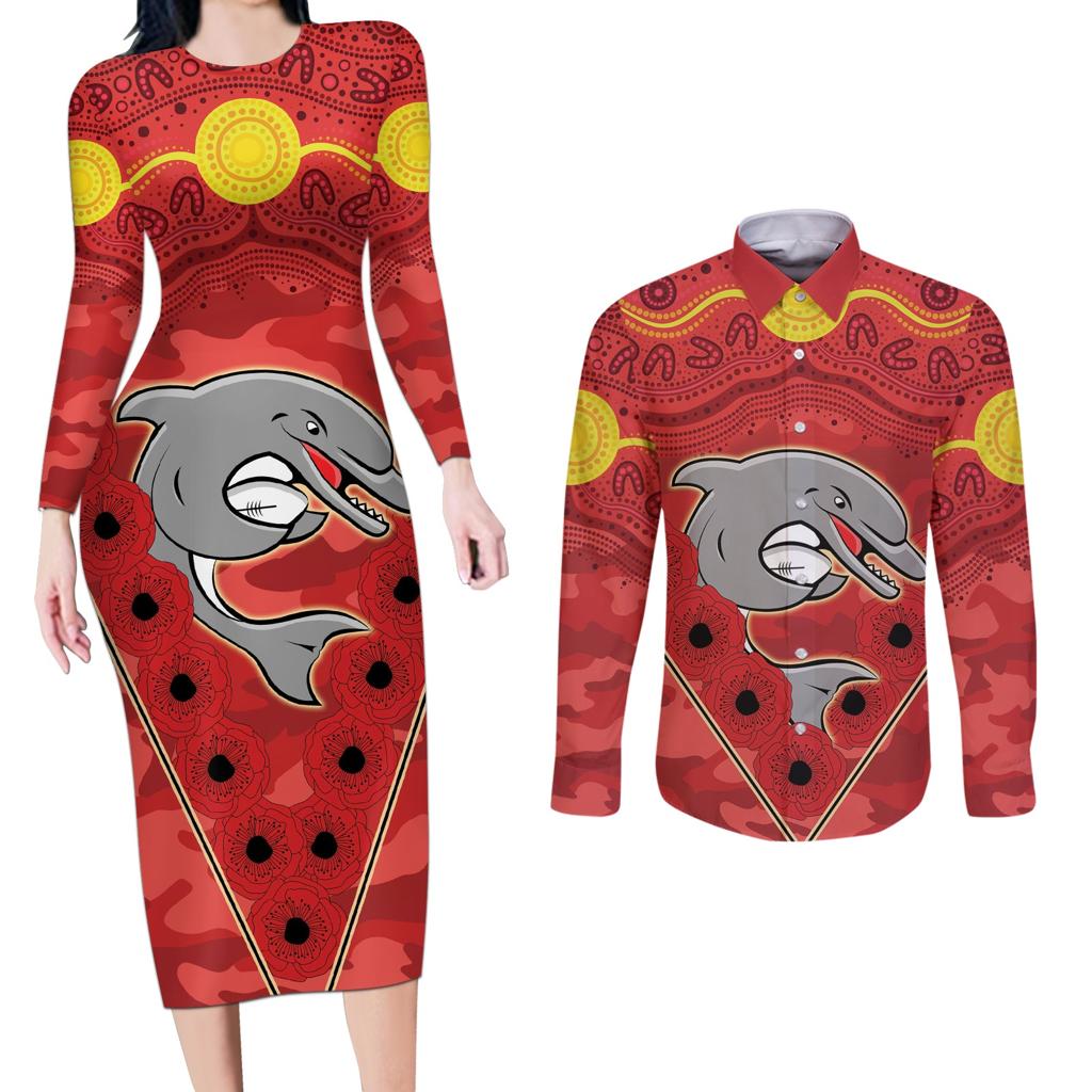 Custom Dolphins Rugby ANZAC Couples Matching Long Sleeve Bodycon Dress and Long Sleeve Button Shirt Aboriginal and Army Patterns