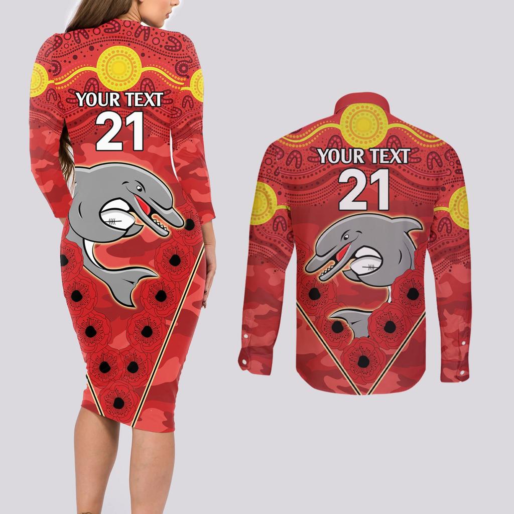 Custom Dolphins Rugby ANZAC Couples Matching Long Sleeve Bodycon Dress and Long Sleeve Button Shirt Aboriginal and Army Patterns