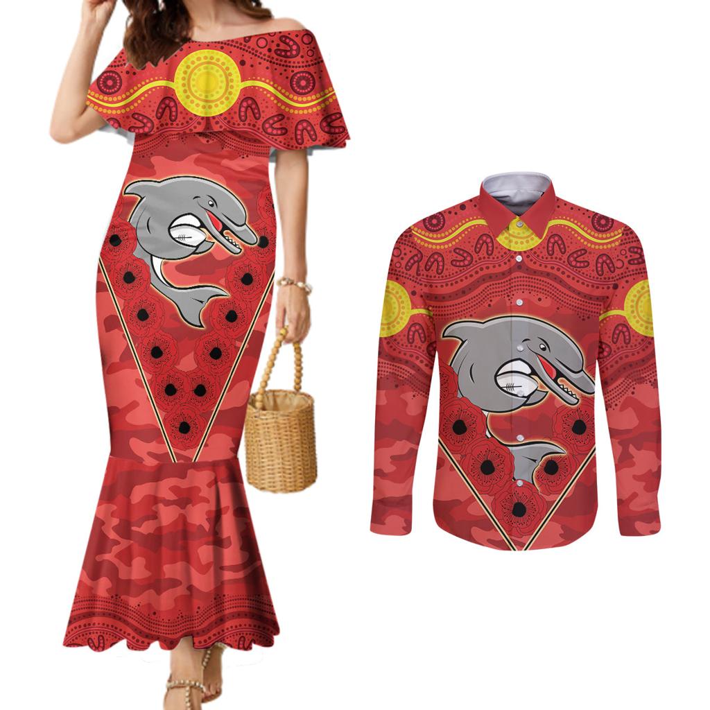 Custom Dolphins Rugby ANZAC Couples Matching Mermaid Dress and Long Sleeve Button Shirt Aboriginal and Army Patterns