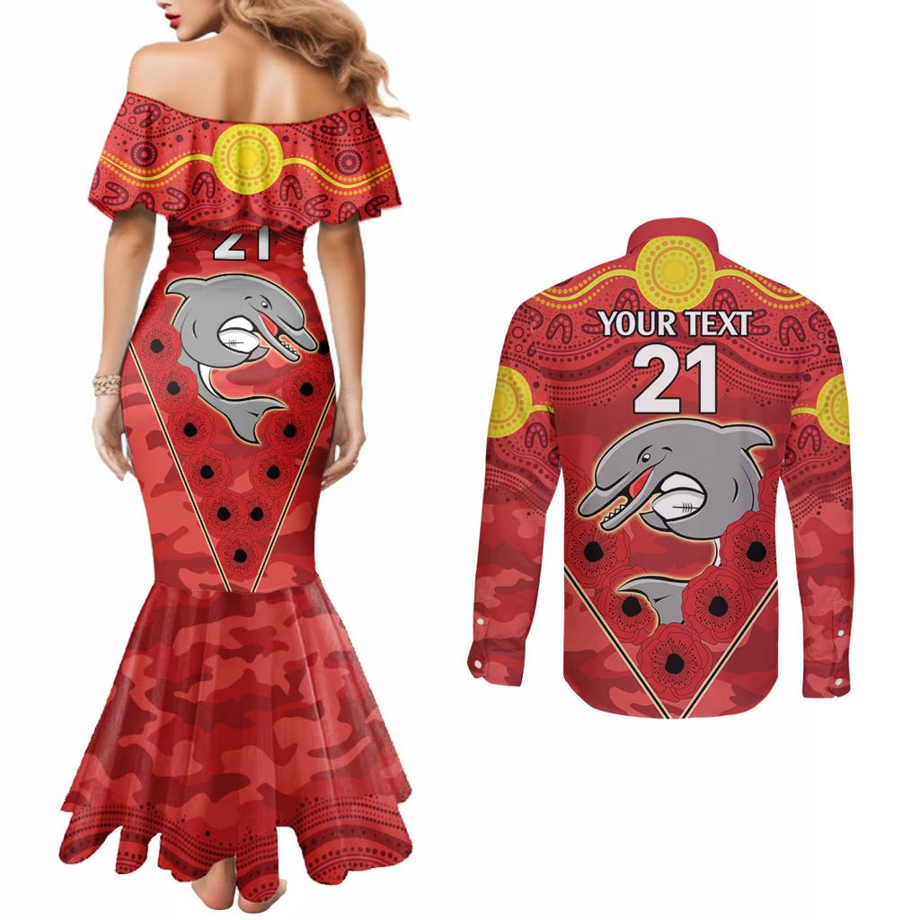 Custom Dolphins Rugby ANZAC Couples Matching Mermaid Dress and Long Sleeve Button Shirt Aboriginal and Army Patterns