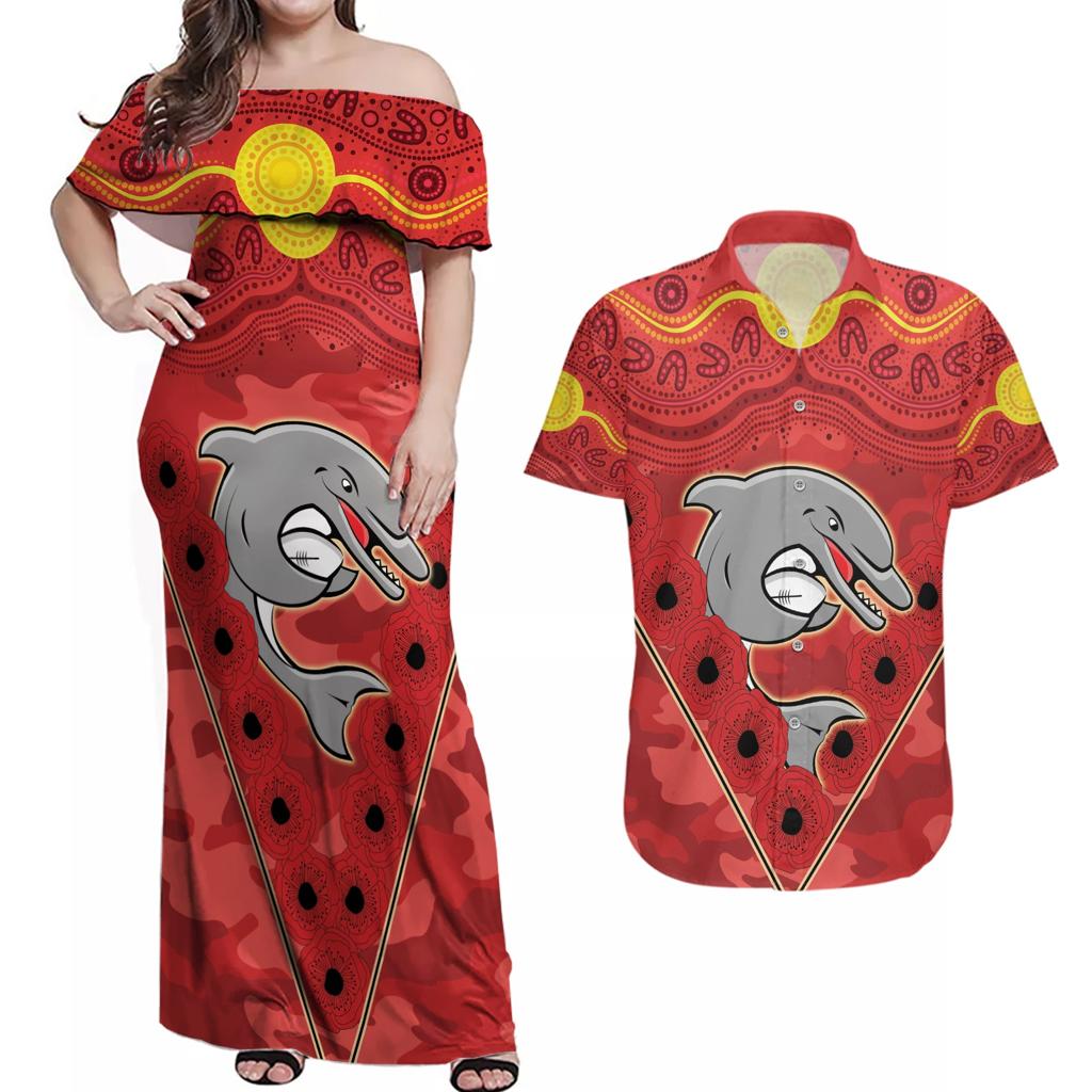 Custom Dolphins Rugby ANZAC Couples Matching Off Shoulder Maxi Dress and Hawaiian Shirt Aboriginal and Army Patterns