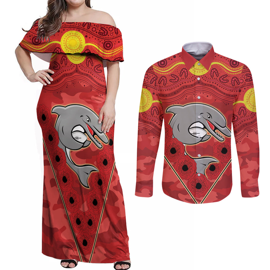 Custom Dolphins Rugby ANZAC Couples Matching Off Shoulder Maxi Dress and Long Sleeve Button Shirt Aboriginal and Army Patterns