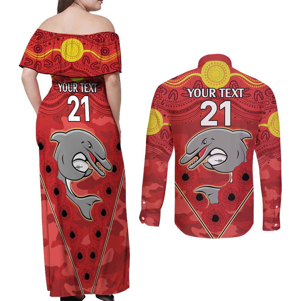 Custom Dolphins Rugby ANZAC Couples Matching Off Shoulder Maxi Dress and Long Sleeve Button Shirt Aboriginal and Army Patterns