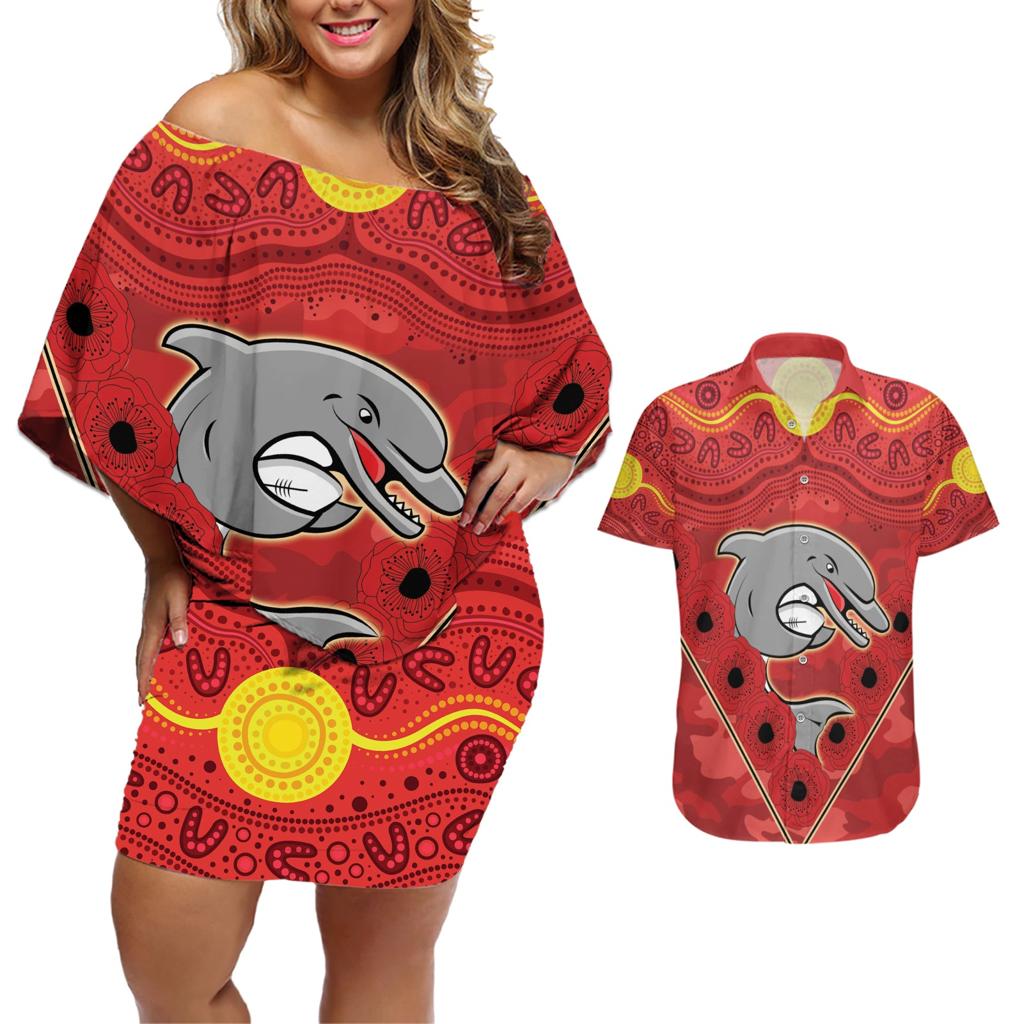 Custom Dolphins Rugby ANZAC Couples Matching Off Shoulder Short Dress and Hawaiian Shirt Aboriginal and Army Patterns