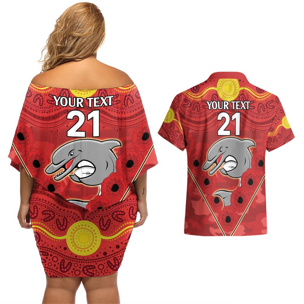 Custom Dolphins Rugby ANZAC Couples Matching Off Shoulder Short Dress and Hawaiian Shirt Aboriginal and Army Patterns