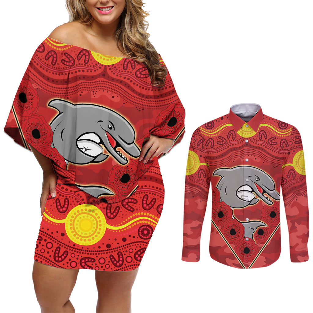 Custom Dolphins Rugby ANZAC Couples Matching Off Shoulder Short Dress and Long Sleeve Button Shirt Aboriginal and Army Patterns