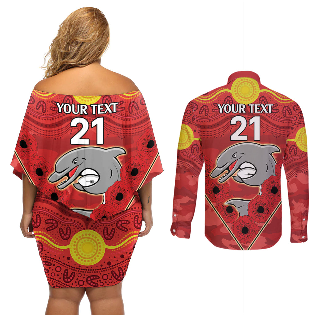 Custom Dolphins Rugby ANZAC Couples Matching Off Shoulder Short Dress and Long Sleeve Button Shirt Aboriginal and Army Patterns