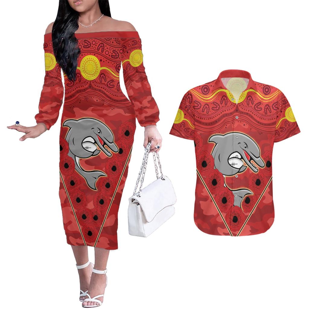 Custom Dolphins Rugby ANZAC Couples Matching Off The Shoulder Long Sleeve Dress and Hawaiian Shirt Aboriginal and Army Patterns