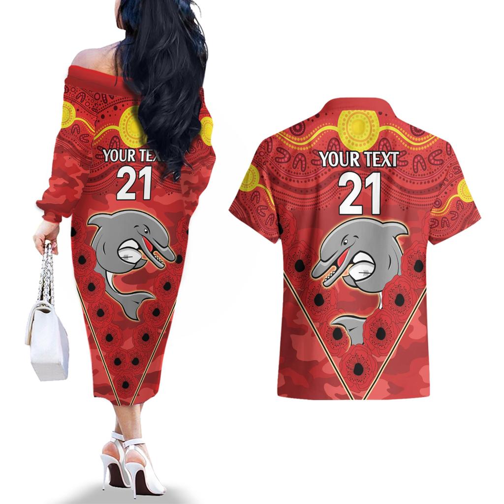 Custom Dolphins Rugby ANZAC Couples Matching Off The Shoulder Long Sleeve Dress and Hawaiian Shirt Aboriginal and Army Patterns