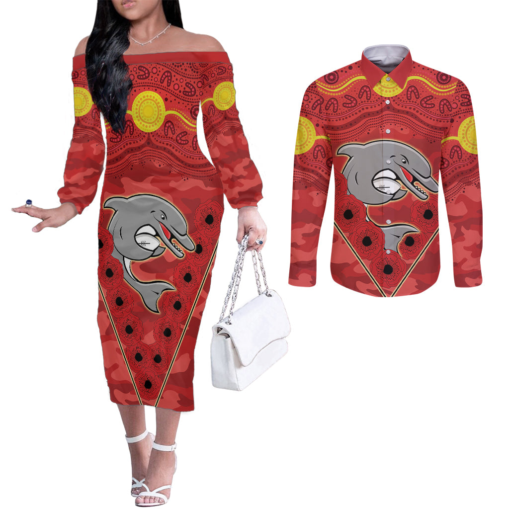 Custom Dolphins Rugby ANZAC Couples Matching Off The Shoulder Long Sleeve Dress and Long Sleeve Button Shirt Aboriginal and Army Patterns