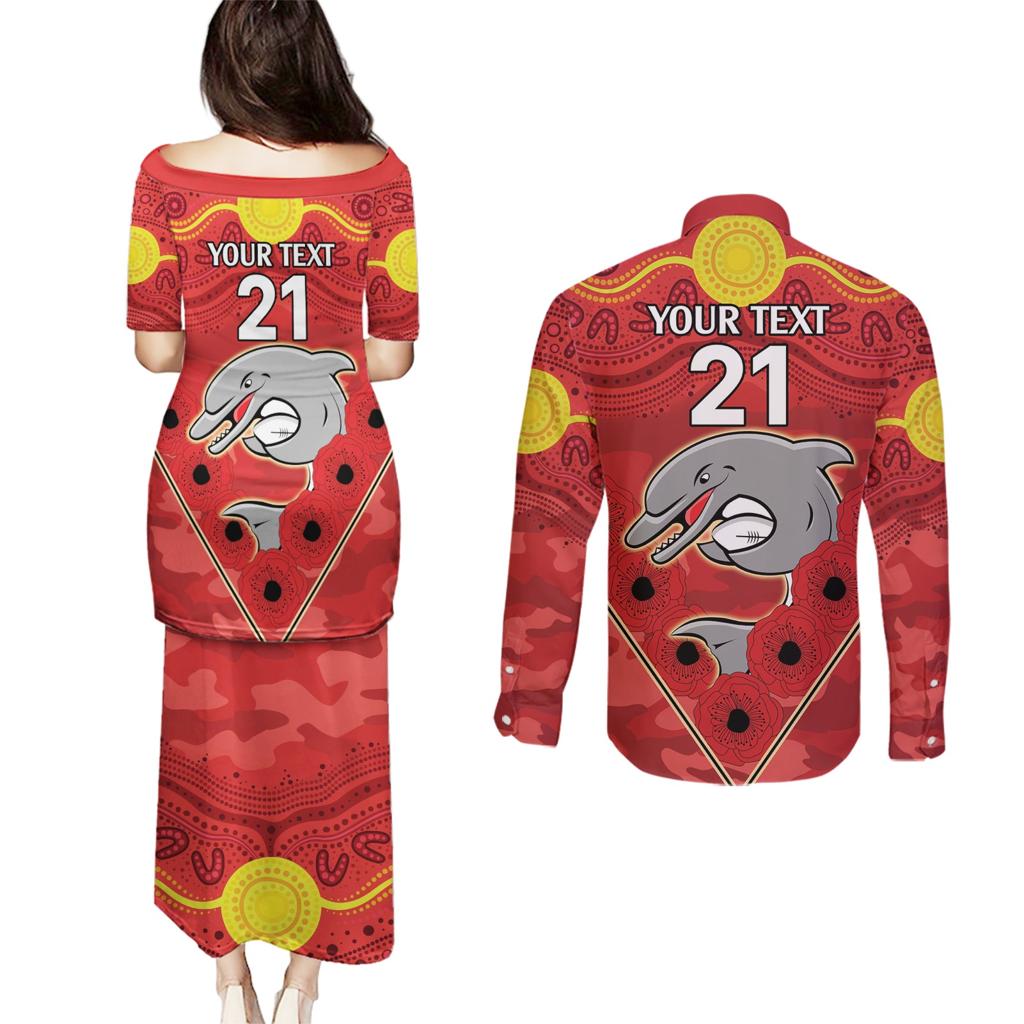 Custom Dolphins Rugby ANZAC Couples Matching Puletasi and Long Sleeve Button Shirt Aboriginal and Army Patterns