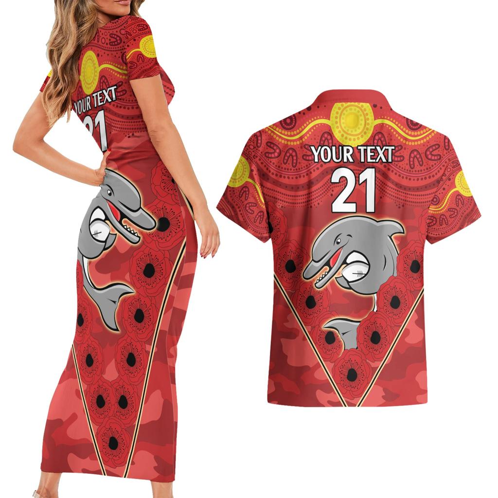 Custom Dolphins Rugby ANZAC Couples Matching Short Sleeve Bodycon Dress and Hawaiian Shirt Aboriginal and Army Patterns