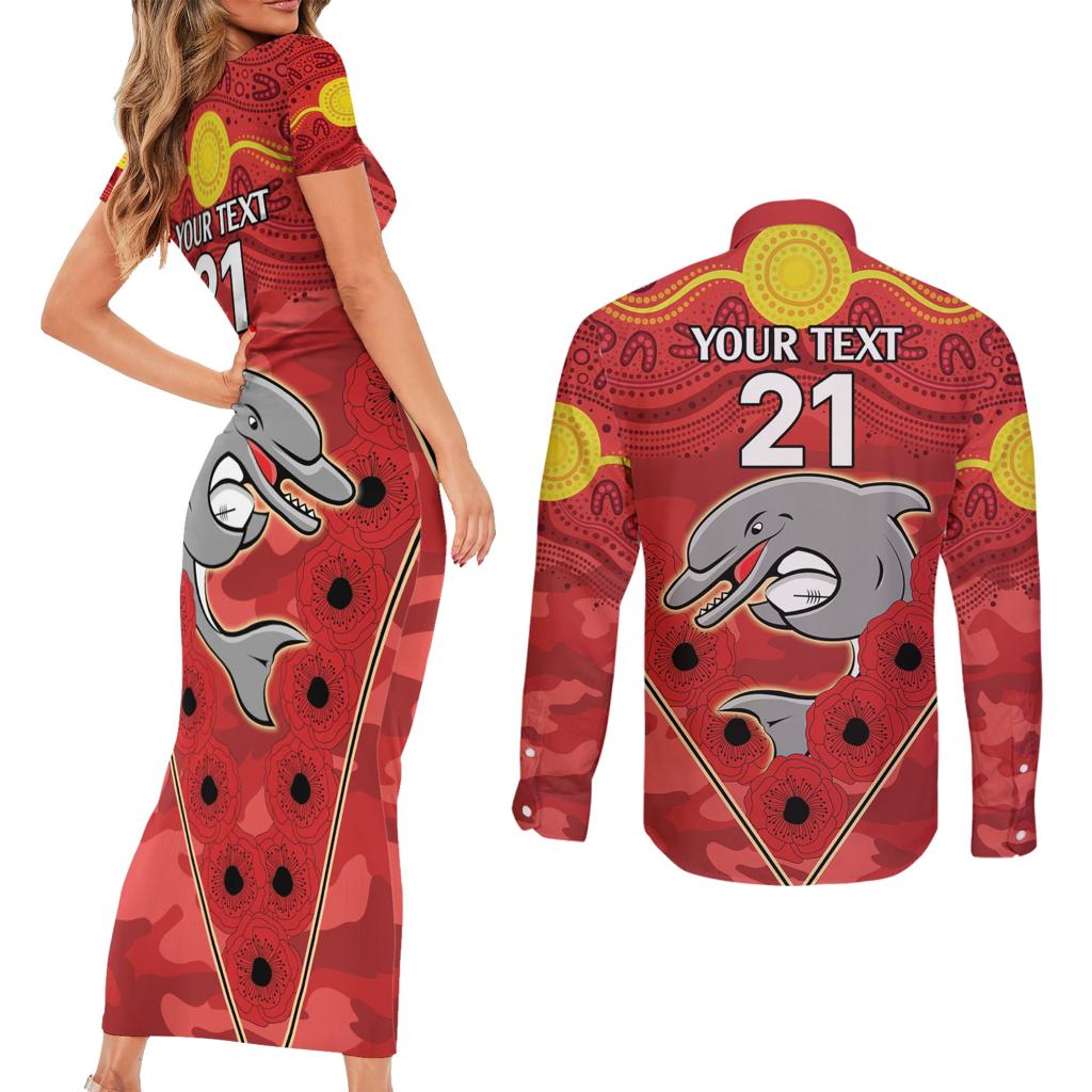 Custom Dolphins Rugby ANZAC Couples Matching Short Sleeve Bodycon Dress and Long Sleeve Button Shirt Aboriginal and Army Patterns