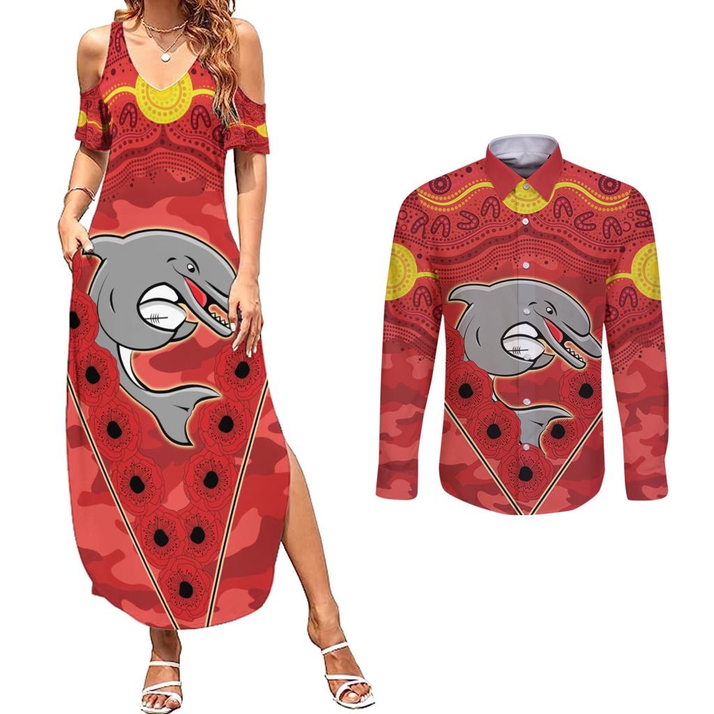 Custom Dolphins Rugby ANZAC Couples Matching Summer Maxi Dress and Long Sleeve Button Shirt Aboriginal and Army Patterns