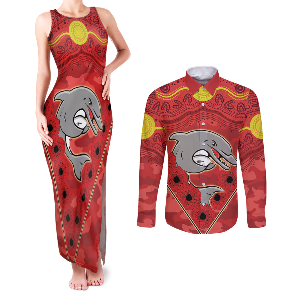 Custom Dolphins Rugby ANZAC Couples Matching Tank Maxi Dress and Long Sleeve Button Shirt Aboriginal and Army Patterns