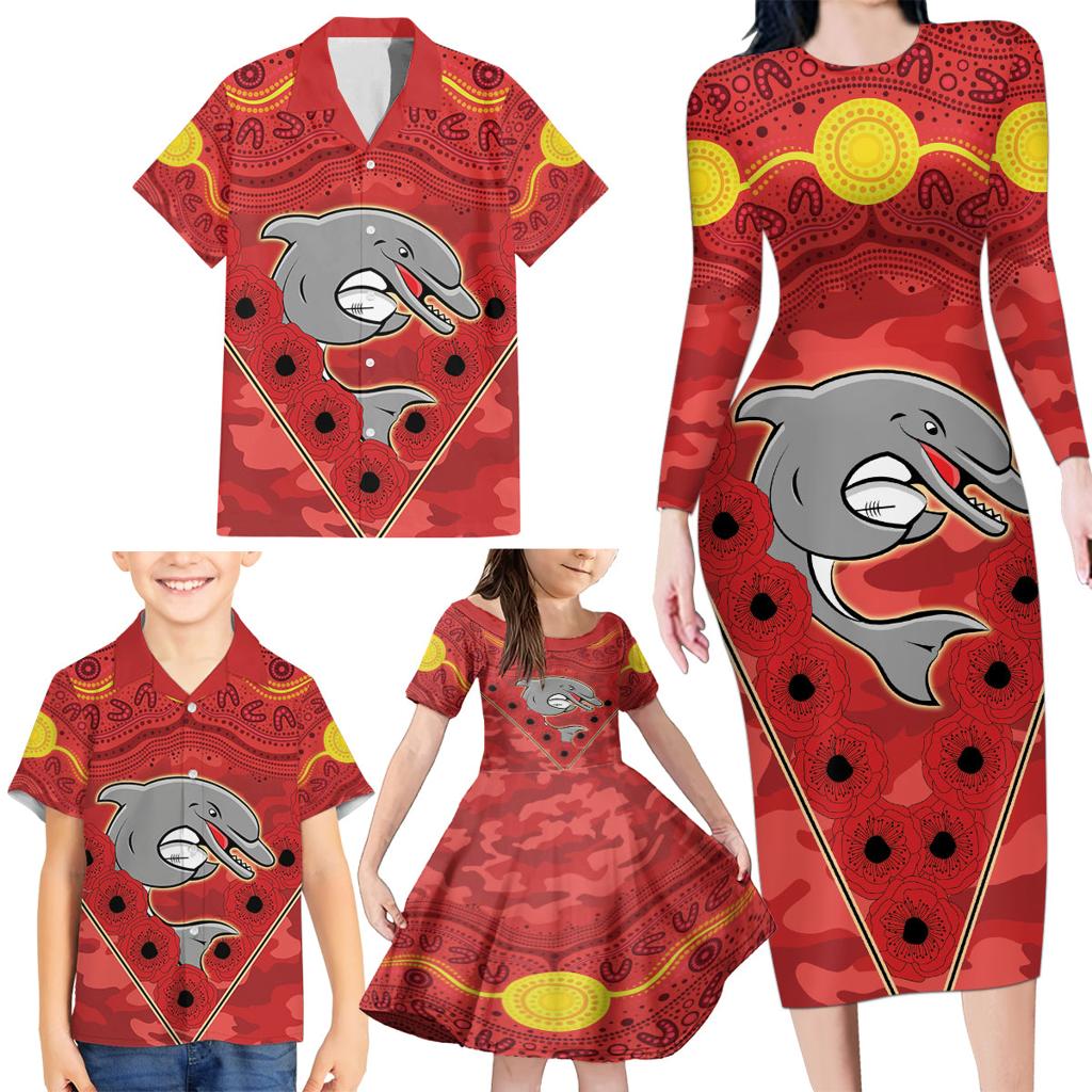 Custom Dolphins Rugby ANZAC Family Matching Long Sleeve Bodycon Dress and Hawaiian Shirt Aboriginal and Army Patterns