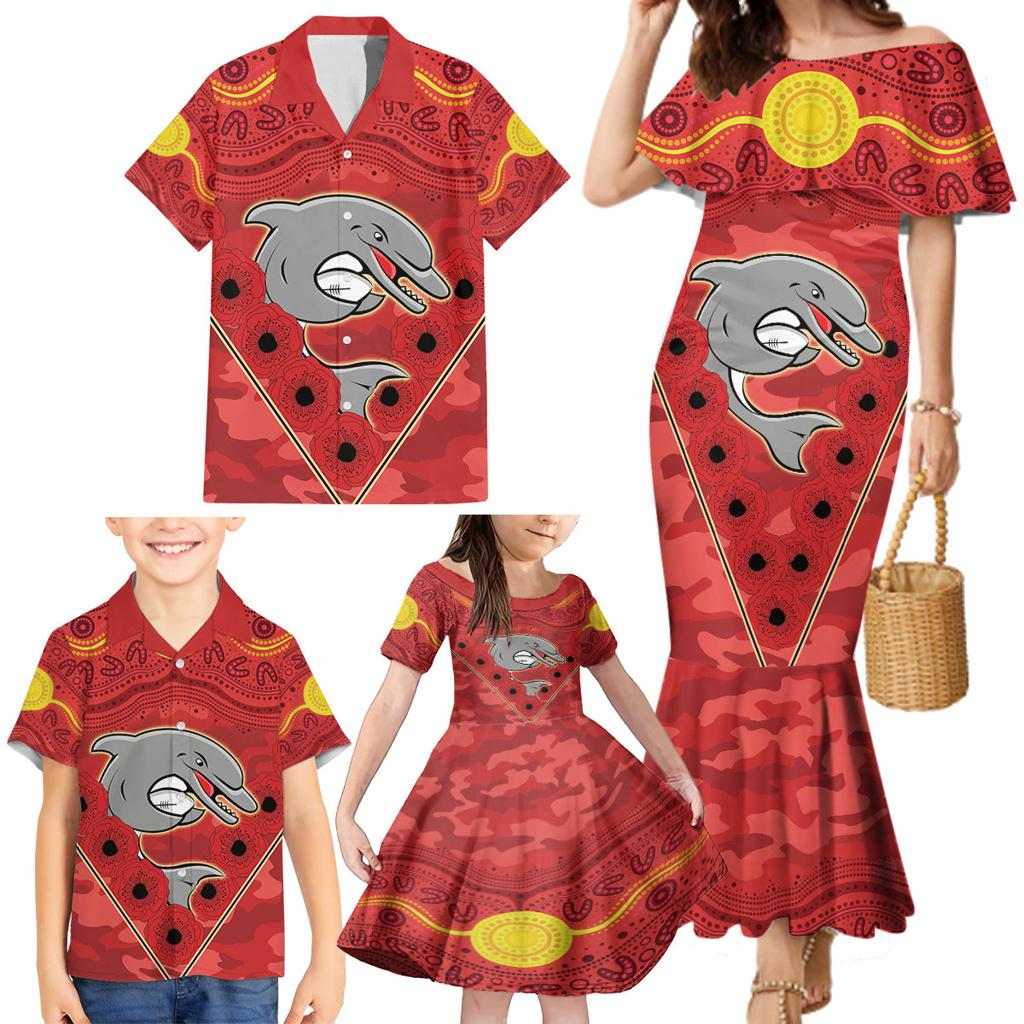 Custom Dolphins Rugby ANZAC Family Matching Mermaid Dress and Hawaiian Shirt Aboriginal and Army Patterns