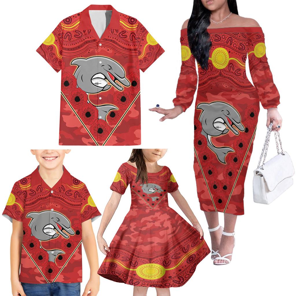 Custom Dolphins Rugby ANZAC Family Matching Off Shoulder Long Sleeve Dress and Hawaiian Shirt Aboriginal and Army Patterns