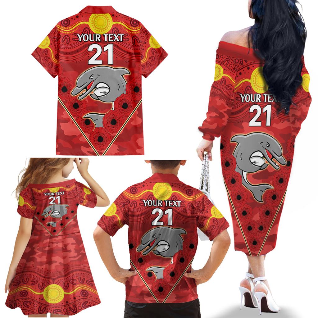 Custom Dolphins Rugby ANZAC Family Matching Off Shoulder Long Sleeve Dress and Hawaiian Shirt Aboriginal and Army Patterns