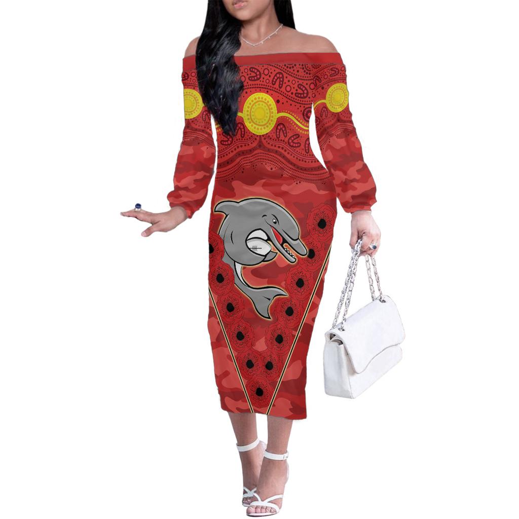 Custom Dolphins Rugby ANZAC Family Matching Off Shoulder Long Sleeve Dress and Hawaiian Shirt Aboriginal and Army Patterns