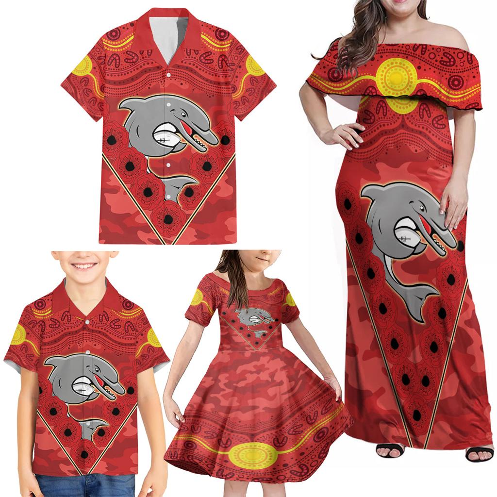 Custom Dolphins Rugby ANZAC Family Matching Off Shoulder Maxi Dress and Hawaiian Shirt Aboriginal and Army Patterns