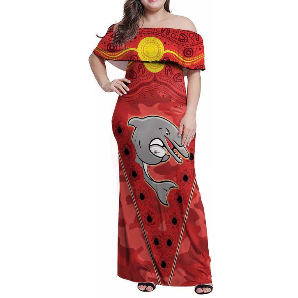 Custom Dolphins Rugby ANZAC Family Matching Off Shoulder Maxi Dress and Hawaiian Shirt Aboriginal and Army Patterns