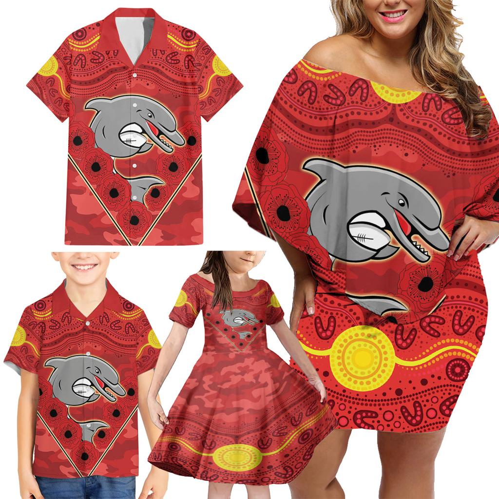 Custom Dolphins Rugby ANZAC Family Matching Off Shoulder Short Dress and Hawaiian Shirt Aboriginal and Army Patterns