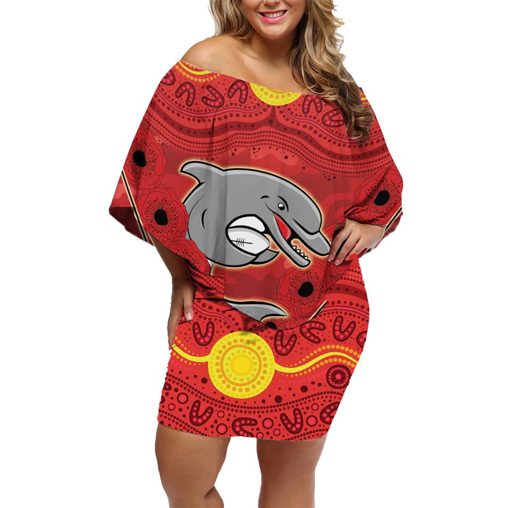 Custom Dolphins Rugby ANZAC Family Matching Off Shoulder Short Dress and Hawaiian Shirt Aboriginal and Army Patterns