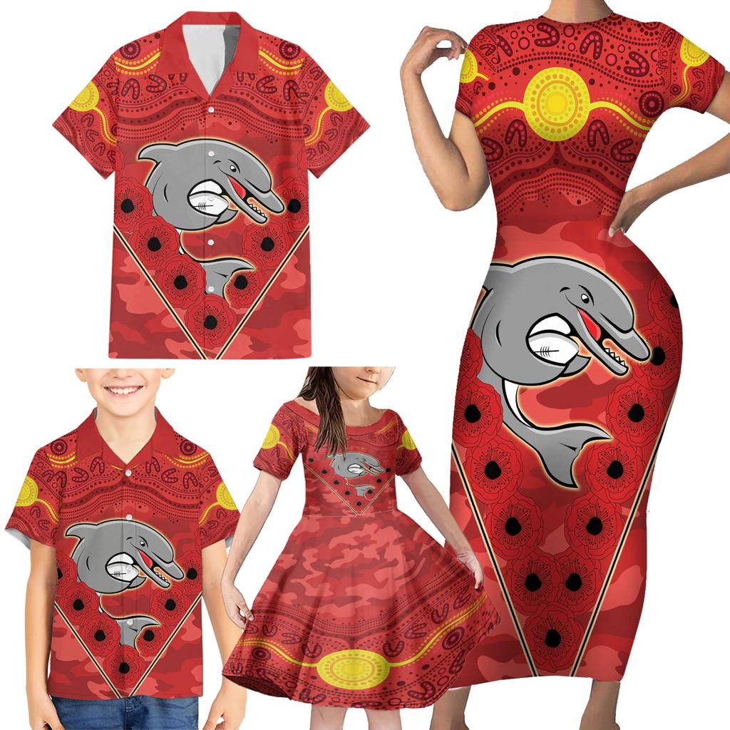 Custom Dolphins Rugby ANZAC Family Matching Short Sleeve Bodycon Dress and Hawaiian Shirt Aboriginal and Army Patterns