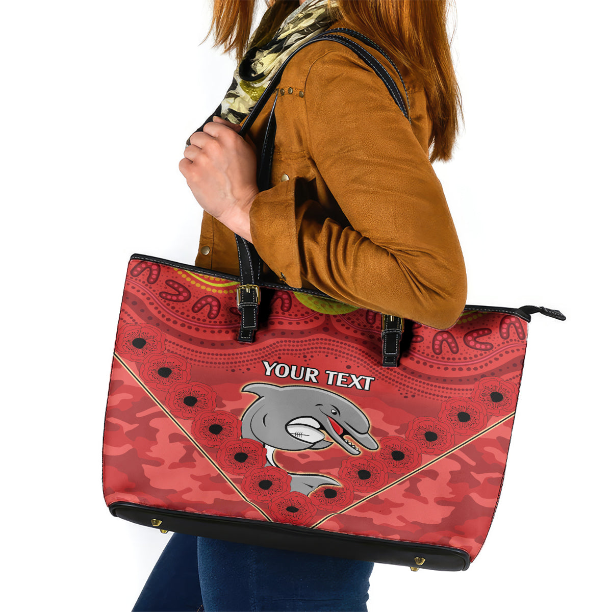 Custom Dolphins Rugby ANZAC Leather Tote Bag Aboriginal and Army Patterns