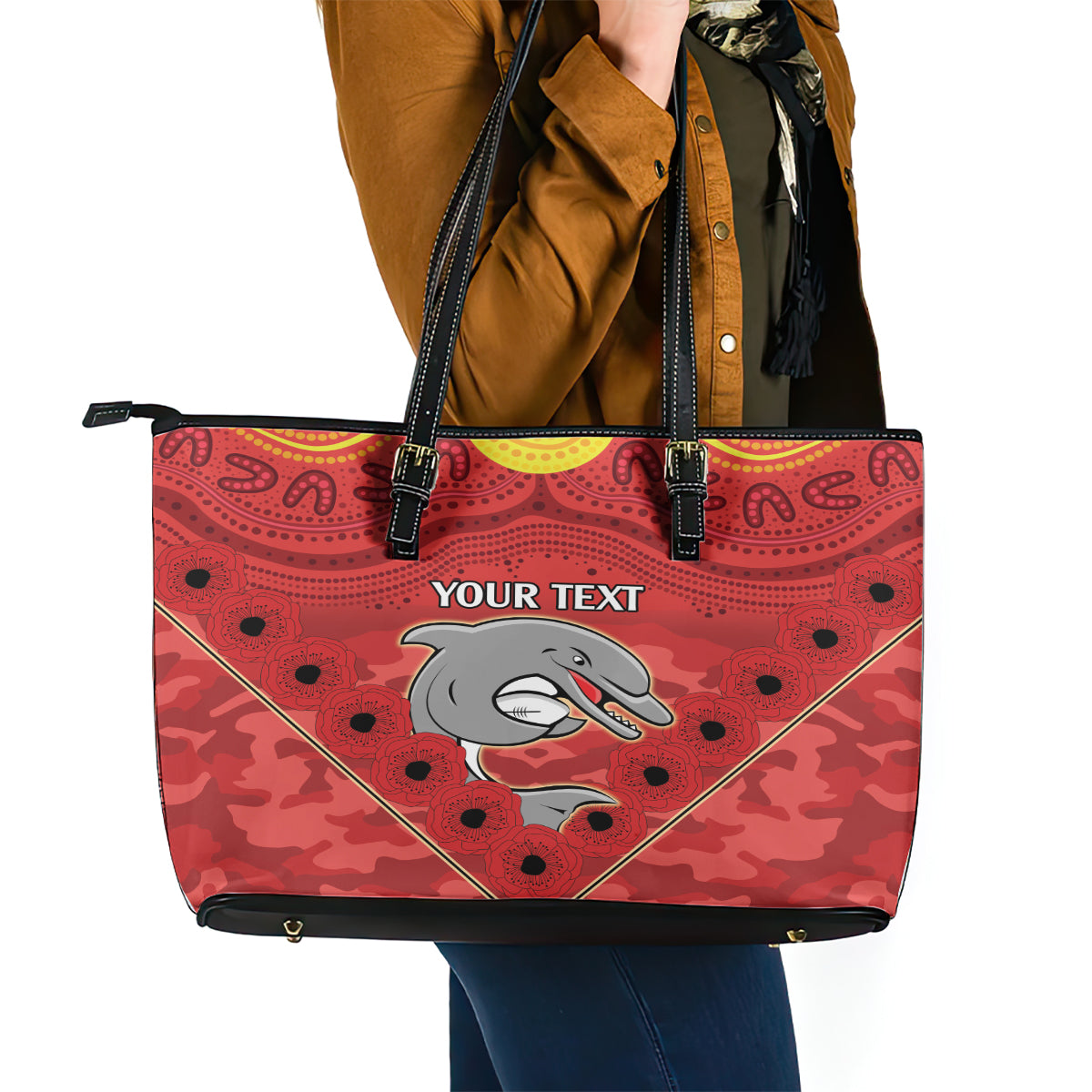 Custom Dolphins Rugby ANZAC Leather Tote Bag Aboriginal and Army Patterns