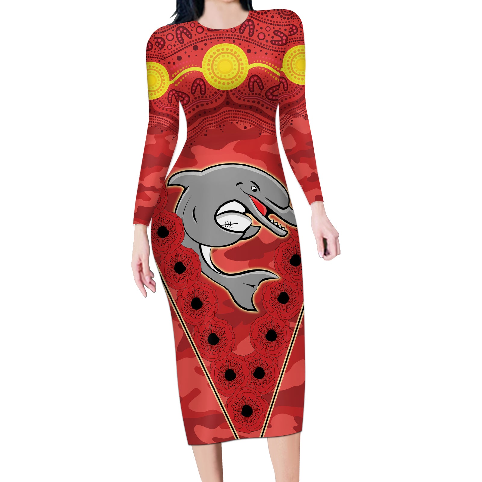 Custom Dolphins Rugby ANZAC Long Sleeve Bodycon Dress Aboriginal and Army Patterns