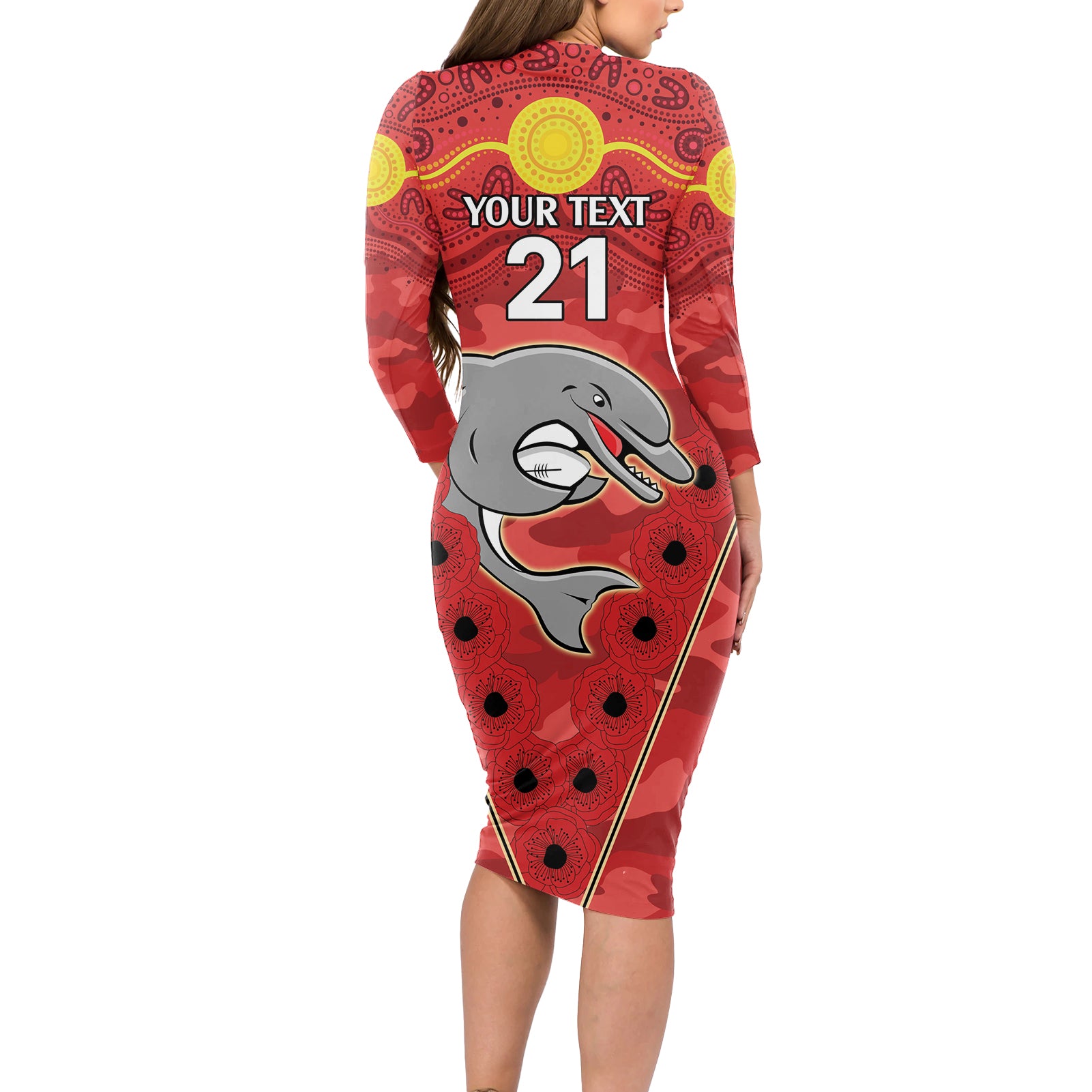 Custom Dolphins Rugby ANZAC Long Sleeve Bodycon Dress Aboriginal and Army Patterns