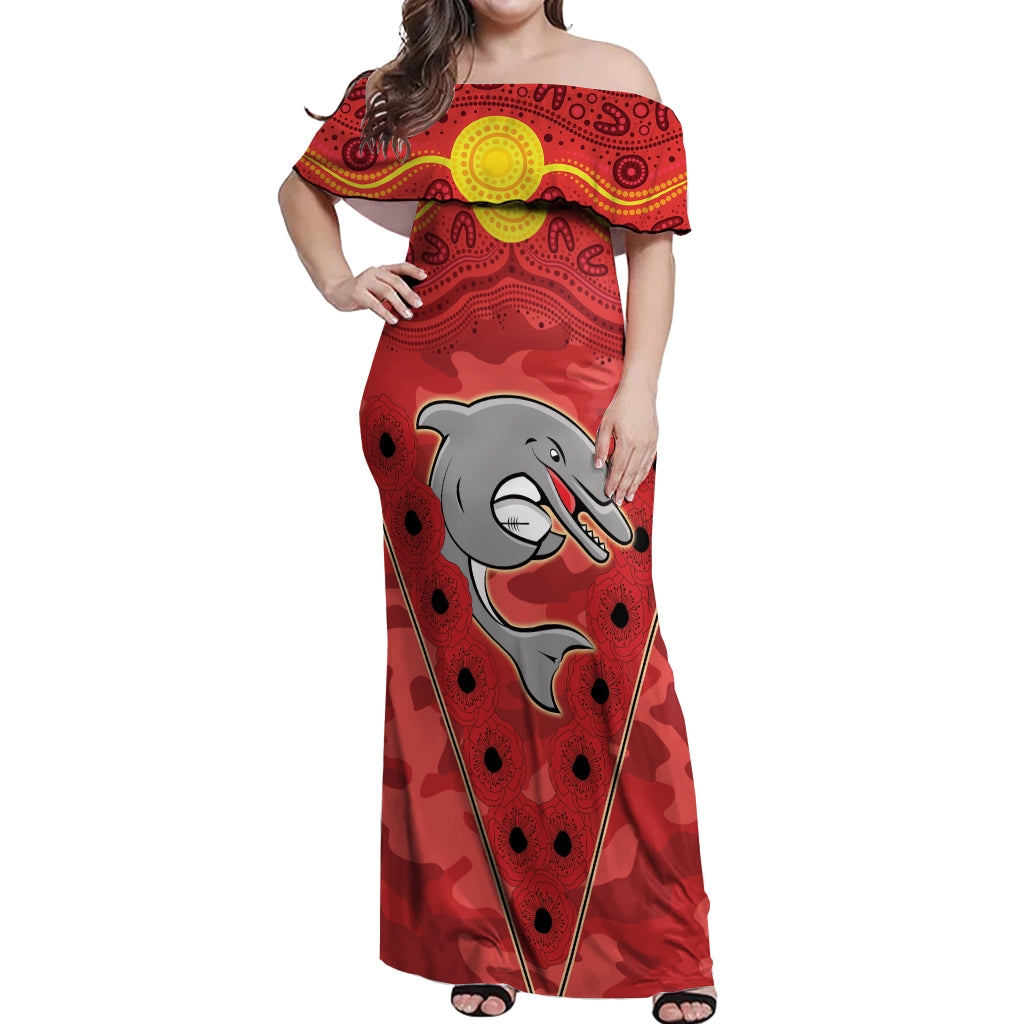 Custom Dolphins Rugby ANZAC Off Shoulder Maxi Dress Aboriginal and Army Patterns