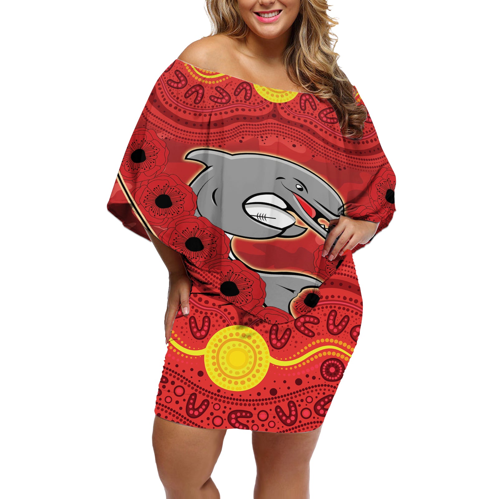 Custom Dolphins Rugby ANZAC Off Shoulder Short Dress Aboriginal and Army Patterns